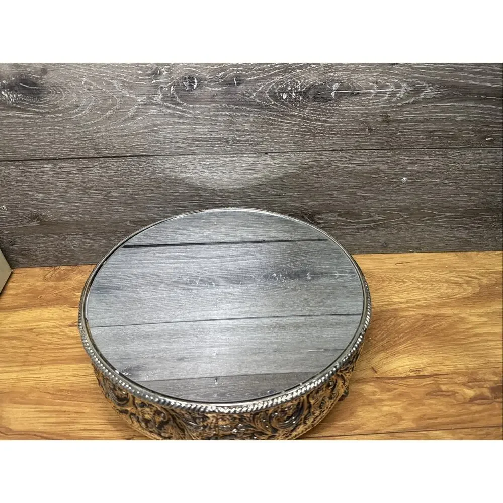 Studio Silversmiths Silver Plated Mirror 12in Round Floral Cake Stand